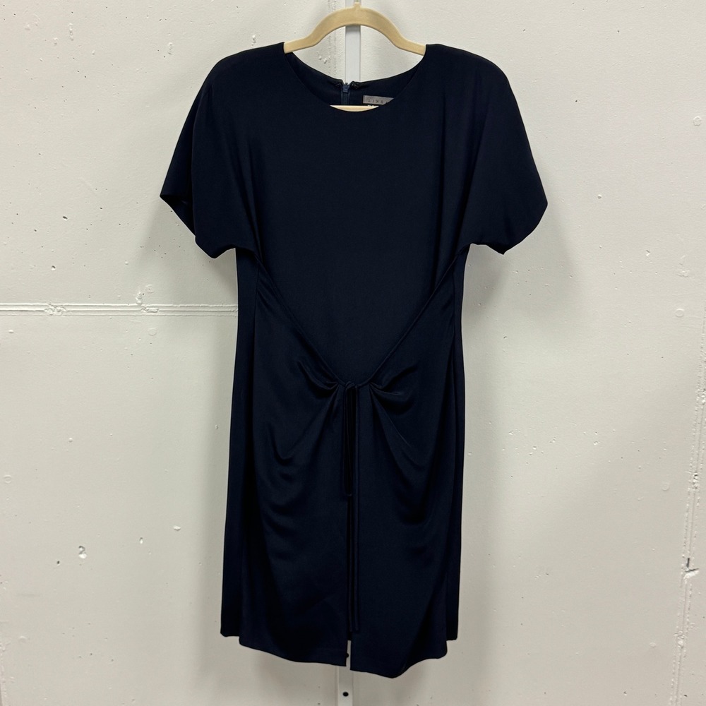 Linda Allard Ellen Tracy Navy Blue 100% Silk Gathered Tie Front‎ Shift Dress 4